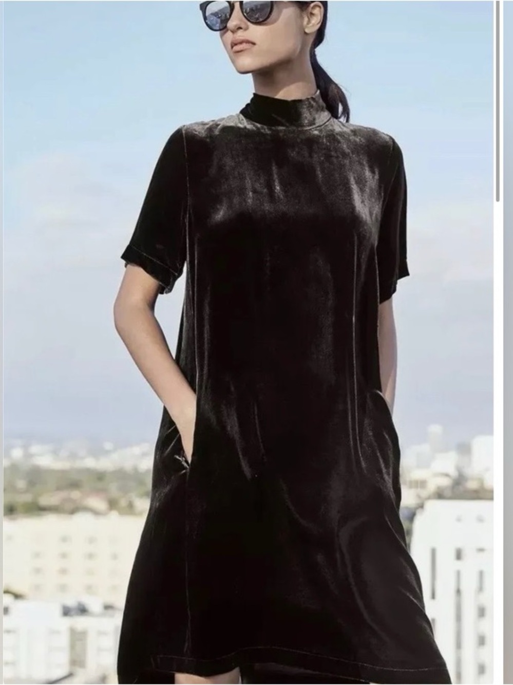 Eileen Fisher Velvet Mock Neck Shift Dress Mink Brown Size Medium